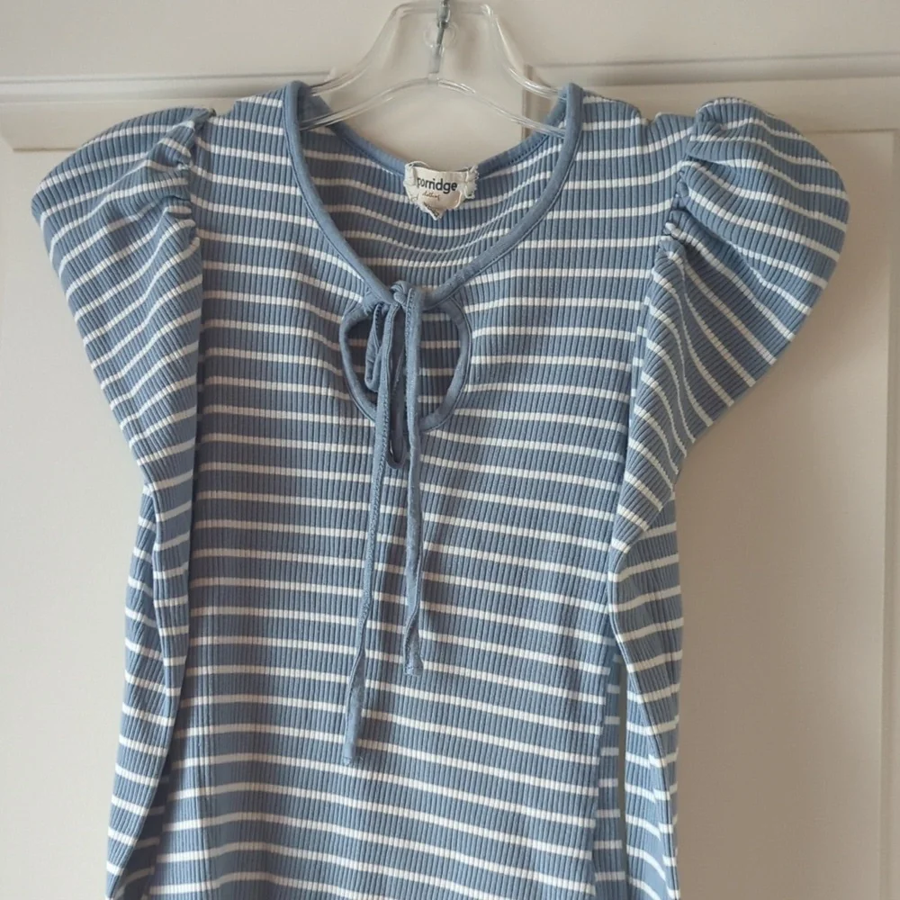 Anthropologie Blue Puff Sleeve Striped Top